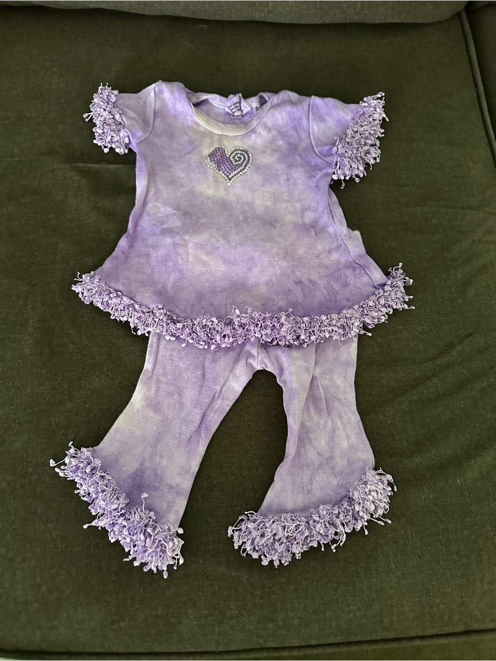 Vintage Style Purple Tie Dye Rhinestone Heart Top & Bell Bottom Pants Set 3M
